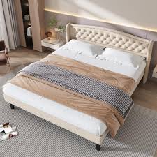HAINEW Modern Beige Dubbelsäng med Sänggavel och Knappdekor